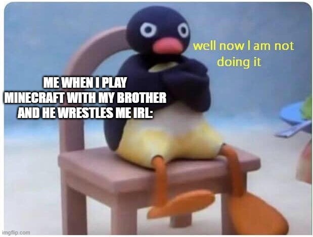 Well Now I'm not Doing it | ME WHEN I PLAY MINECRAFT WITH MY BROTHER AND HE WRESTLES ME IRL: | image tagged in well now i'm not doing it | made w/ Imgflip meme maker