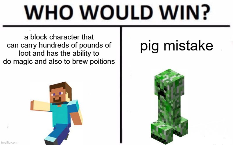 creeper: the ender of hardcore worlds |  a block character that can carry hundreds of pounds of loot and has the ability to do magic and also to brew poitions; pig mistake | image tagged in memes,who would win | made w/ Imgflip meme maker