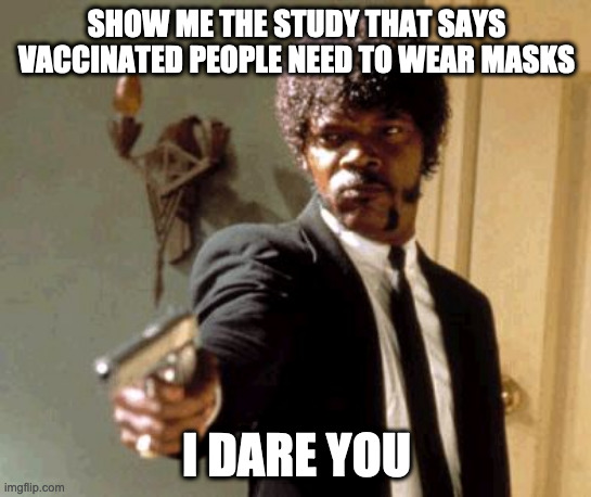 Say That Again I Dare You Meme | SHOW ME THE STUDY THAT SAYS VACCINATED PEOPLE NEED TO WEAR MASKS; I DARE YOU | image tagged in memes,say that again i dare you | made w/ Imgflip meme maker