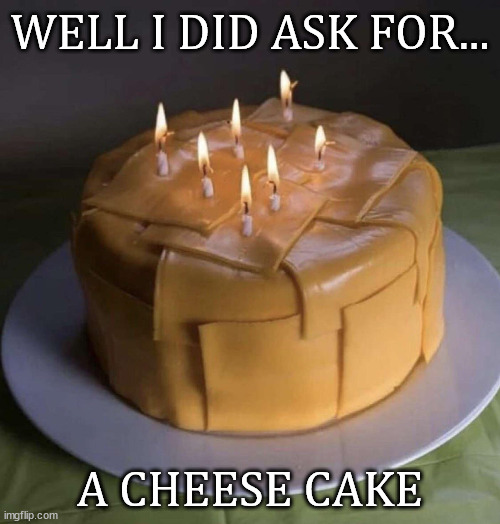 WELL I DID ASK FOR... A CHEESE CAKE | image tagged in eyeroll | made w/ Imgflip meme maker