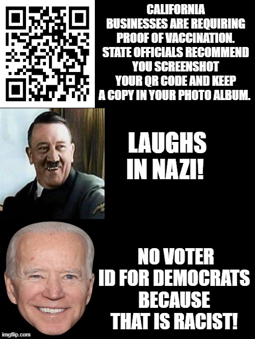 In the USA some businesses are now requiring QR codes for vaccine proof. | NO VOTER ID FOR DEMOCRATS BECAUSE THAT IS RACIST! | image tagged in morons,idiots,stupid liberals | made w/ Imgflip meme maker