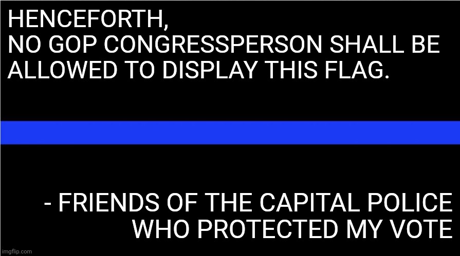 Thin blue line | HENCEFORTH, 
NO GOP CONGRESSPERSON SHALL BE 
ALLOWED TO DISPLAY THIS FLAG. - FRIENDS OF THE CAPITAL POLICE
WHO PROTECTED MY VOTE | image tagged in thin blue line | made w/ Imgflip meme maker