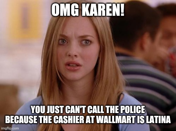 OMG Karen Meme |  OMG KAREN! YOU JUST CAN'T CALL THE POLICE BECAUSE THE CASHIER AT WALLMART IS LATINA | image tagged in memes,omg karen | made w/ Imgflip meme maker