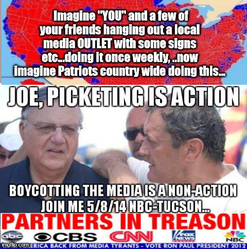 March ON THE corrupted MEDIA....arm of Democrat Party | Imagine "YOU" and a few of your friends hanging out a local media OUTLET with some signs etc...doing it once weekly, ..now imagine Patriots country wide doing this... | image tagged in picket media,march on media,nbc,cnn,abc,msnbc | made w/ Imgflip meme maker