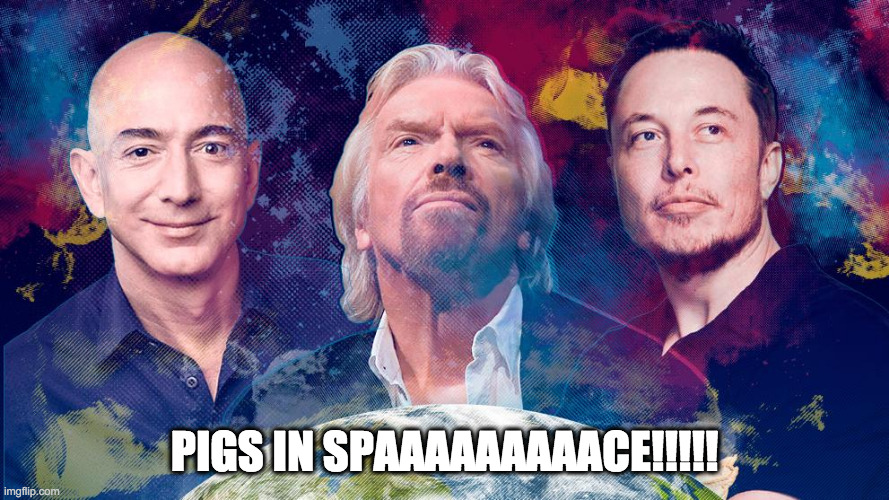 Pigs in Space | PIGS IN SPAAAAAAAAACE!!!!! | image tagged in jeff bezos richard branson elon musk | made w/ Imgflip meme maker