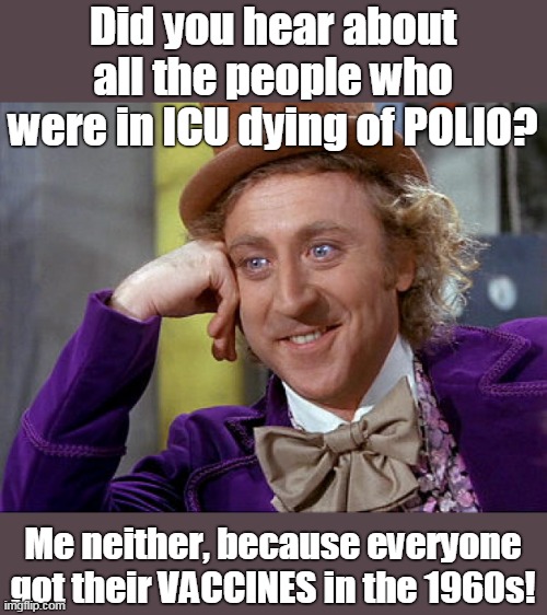 No Polio? The vaccine worked! | Did you hear about all the people who were in ICU dying of POLIO? Me neither, because everyone got their VACCINES in the 1960s! | image tagged in vaccines,polio,saves lives,not dangerous,no microchips,safe | made w/ Imgflip meme maker