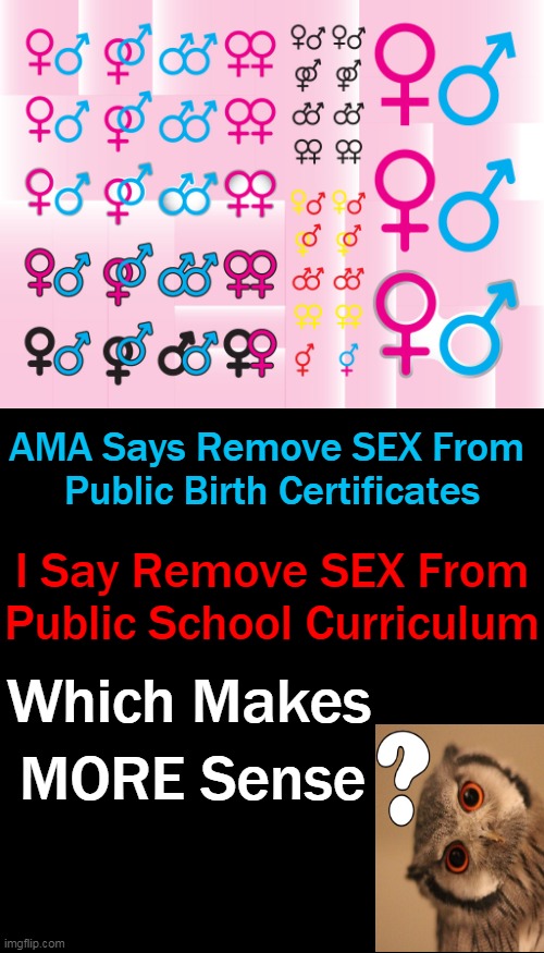 What is More Important: Biology or Ideology? | AMA Says Remove SEX From 
Public Birth Certificates; I Say Remove SEX From
Public School Curriculum; Which Makes; MORE Sense | image tagged in political meme,sex 101,confused,biology,ideology,liberalism | made w/ Imgflip meme maker