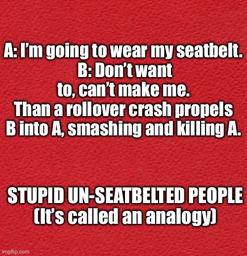 Yes it’s a thing | A: I’m going to wear my seatbelt.
 B: Don’t want to, can’t make me.
Than a rollover crash propels B into A, smashing and killing A. STUPID UN-SEATBELTED PEOPLE


(It’s called an analogy) | image tagged in blank red card | made w/ Imgflip meme maker
