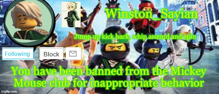 Winston's Ninjago Template | You have been banned from the Mickey Mouse club for inappropriate behavior | image tagged in winston's ninjago template | made w/ Imgflip meme maker