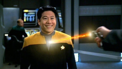 High Quality STAR TREK ENSIGN KIM GETS SHOT WITH A PHASER Blank Meme Template