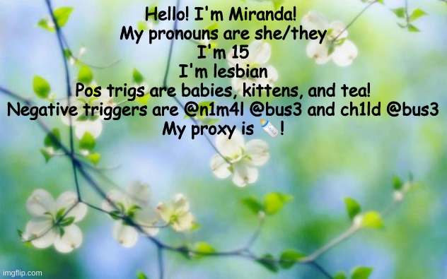 flowers | Hello! I'm Miranda! 
My pronouns are she/they
I'm 15
I'm lesbian
Pos trigs are babies, kittens, and tea!
Negative triggers are @n1m4l @bus3 and ch1ld @bus3
My proxy is 🍼! | image tagged in flowers | made w/ Imgflip meme maker