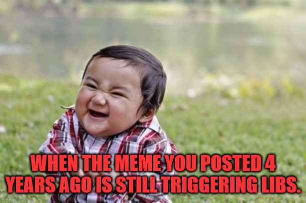 Evil Triggering | WHEN THE MEME YOU POSTED 4 YEARS AGO IS STILL TRIGGERING LIBS. | image tagged in memes,evil toddler | made w/ Imgflip meme maker
