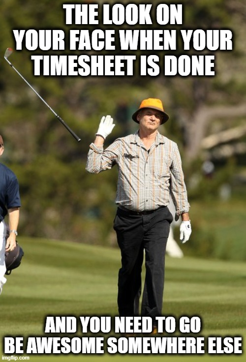Whose Awesome |  THE LOOK ON YOUR FACE WHEN YOUR TIMESHEET IS DONE; AND YOU NEED TO GO BE AWESOME SOMEWHERE ELSE | image tagged in memes,bill murray golf,timesheet reminder,timesheet meme | made w/ Imgflip meme maker