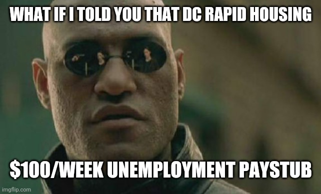 Bill Murray timesheet | WHAT IF I TOLD YOU THAT DC RAPID HOUSING; $100/WEEK UNEMPLOYMENT PAYSTUB | image tagged in memes,matrix morpheus,e,q | made w/ Imgflip meme maker