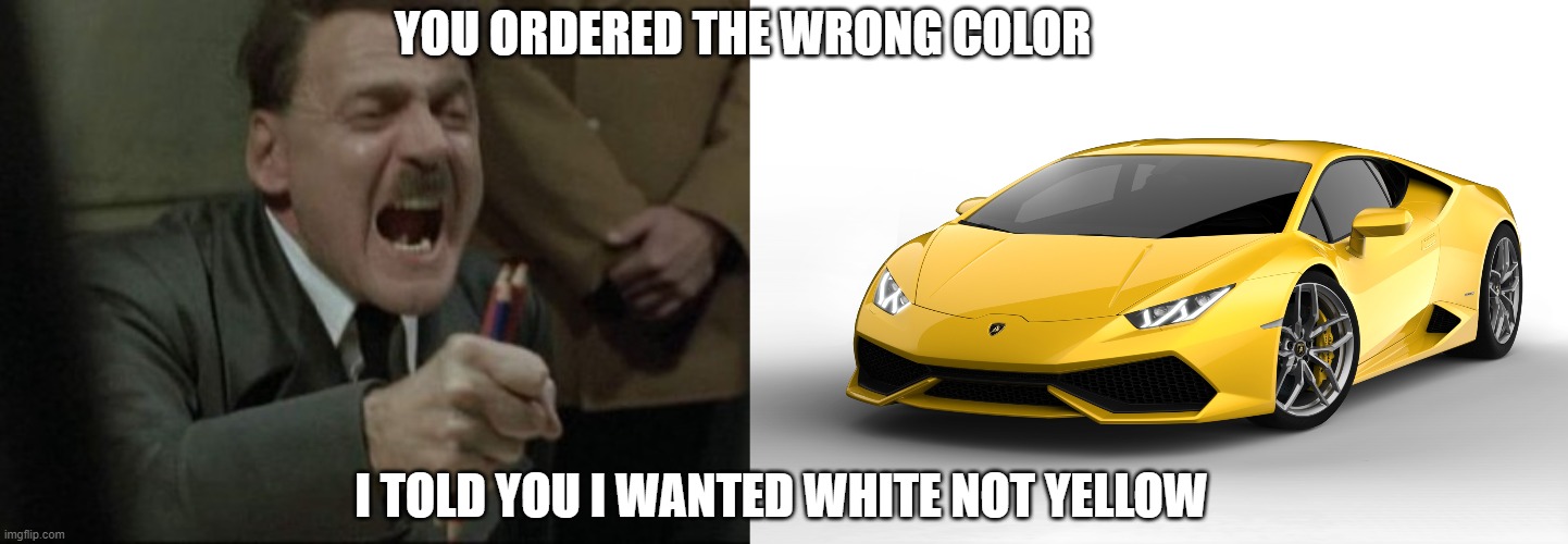 YOU ORDERED THE WRONG COLOR; I TOLD YOU I WANTED WHITE NOT YELLOW | image tagged in hitler downfall,lamborghini | made w/ Imgflip meme maker