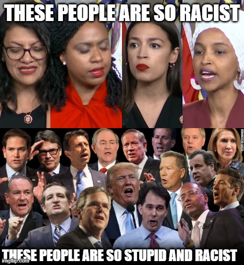 THESE PEOPLE ARE SO RACIST; THESE PEOPLE ARE SO STUPID AND RACIST | image tagged in aoc squad,the republicans | made w/ Imgflip meme maker
