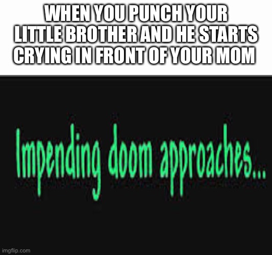 Why do I hear boss music? | WHEN YOU PUNCH YOUR LITTLE BROTHER AND HE STARTS CRYING IN FRONT OF YOUR MOM | image tagged in impending doom approaches,terraria,gaming,funny,memes,why are you reading this | made w/ Imgflip meme maker