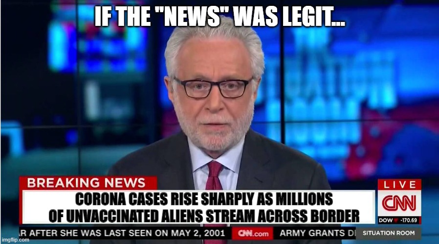 When "fake" news is the same as unreported. | IF THE "NEWS" WAS LEGIT... CORONA CASES RISE SHARPLY AS MILLIONS OF UNVACCINATED ALIENS STREAM ACROSS BORDER | image tagged in cnn wolf of fake news fanfiction,liberal hypocrisy,liberalism kills,wheres my handout | made w/ Imgflip meme maker