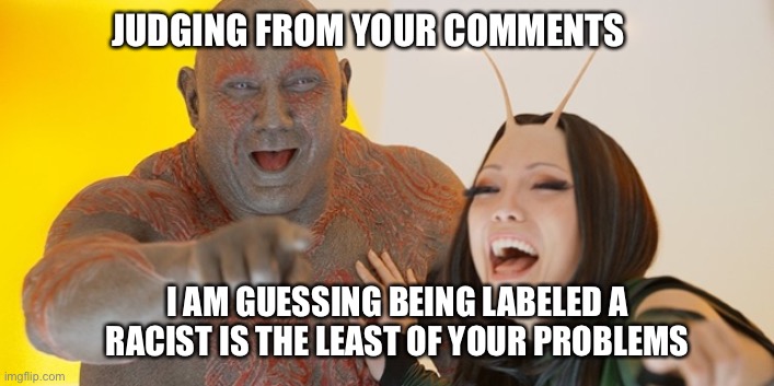 Guardians of the Galaxy: Must be so embarrassed! | JUDGING FROM YOUR COMMENTS I AM GUESSING BEING LABELED A RACIST IS THE LEAST OF YOUR PROBLEMS | image tagged in guardians of the galaxy must be so embarrassed | made w/ Imgflip meme maker