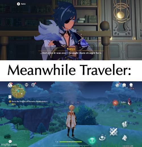 Well yes, but actually no | Meanwhile Traveler: | image tagged in blank white template | made w/ Imgflip meme maker
