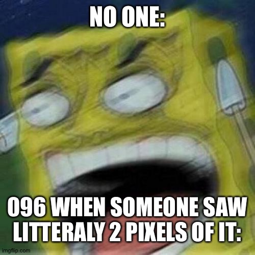 096 is kinda a rager, inst he? | NO ONE:; 096 WHEN SOMEONE SAW LITTERALY 2 PIXELS OF IT: | image tagged in reeeeeee | made w/ Imgflip meme maker