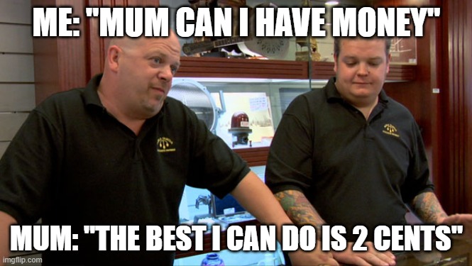 Grandmas Will | ME: "MUM CAN I HAVE MONEY"; MUM: "THE BEST I CAN DO IS 2 CENTS" | image tagged in pawn stars best i can do | made w/ Imgflip meme maker