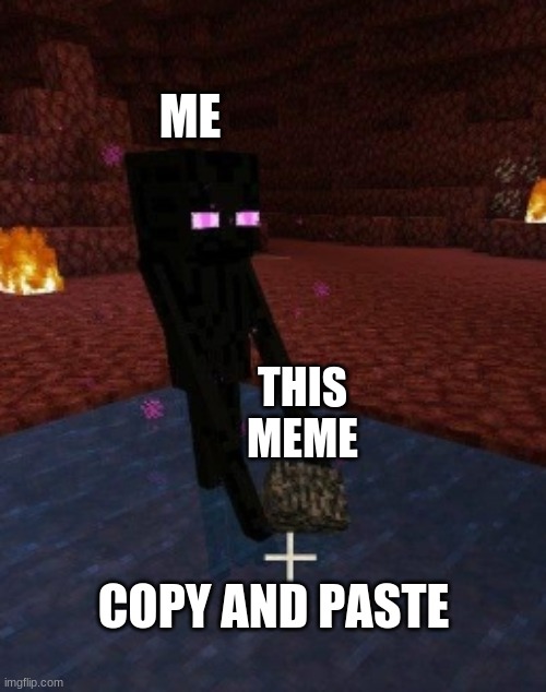 enderman holding bedrock in water in the nether | ME THIS MEME COPY AND PASTE | image tagged in enderman holding bedrock in water in the nether | made w/ Imgflip meme maker