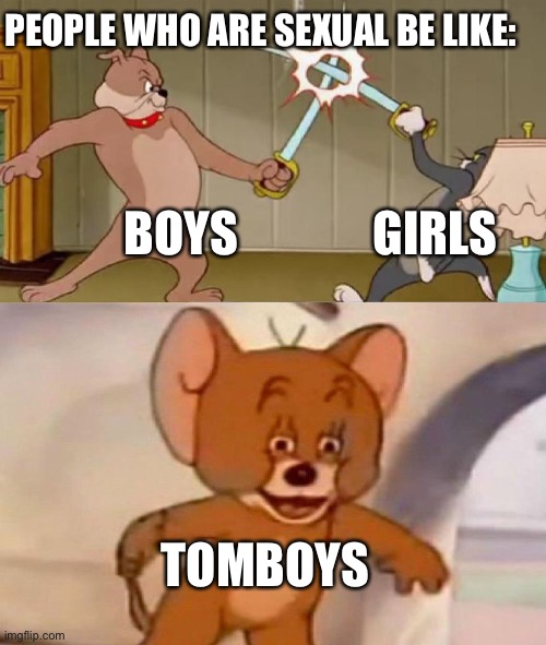 Tom and Jerry swordfight | PEOPLE WHO ARE SEXUAL BE LIKE:; GIRLS; BOYS; TOMBOYS | image tagged in tom and jerry swordfight | made w/ Imgflip meme maker