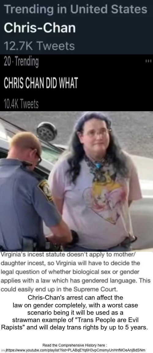 https://www.youtube.com/playlist?list=PLABqEYq6H3vpCmsmyUnHnfMOeAnjBdSNm | Chris-Chan's arrest can affect the law on gender completely, with a worst case scenario being it will be used as a strawman example of "Trans People are Evil Rapists" and will delay trans rights by up to 5 years. Read the Comprehensive History here : 
 https://www.youtube.com/playlist?list=PLABqEYq6H3vpCmsmyUnHnfMOeAnjBdSNm | made w/ Imgflip meme maker
