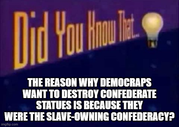 Now You Know | THE REASON WHY DEMOCRAPS WANT TO DESTROY CONFEDERATE STATUES IS BECAUSE THEY WERE THE SLAVE-OWNING CONFEDERACY? | image tagged in did you know that | made w/ Imgflip meme maker