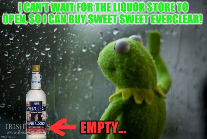 kermit window | I CAN'T WAIT FOR THE LIQUOR STORE TO OPEN, SO I CAN BUY SWEET SWEET EVERCLEAR! EMPTY... | image tagged in kermit window | made w/ Imgflip meme maker