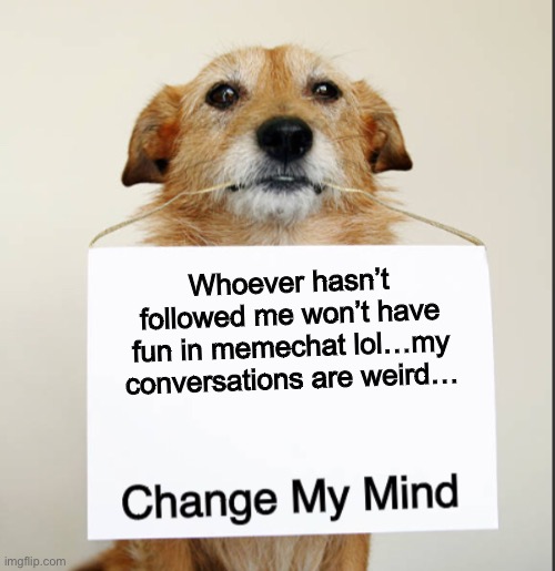 Change My Mind Dog | Whoever hasn’t followed me won’t have fun in memechat lol…my conversations are weird… | image tagged in change my mind dog | made w/ Imgflip meme maker