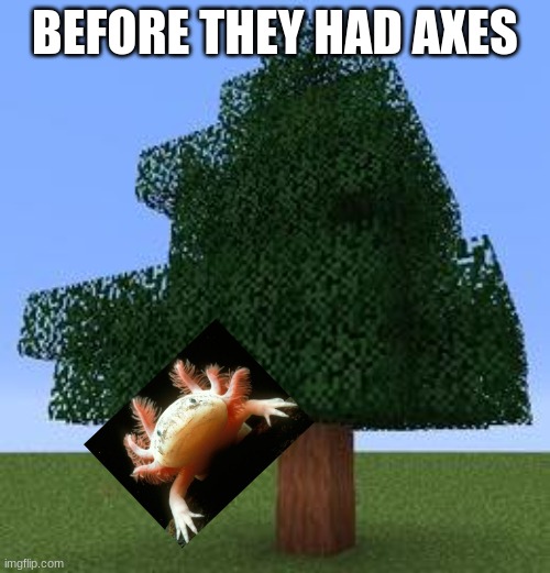 AXE-alotl | BEFORE THEY HAD AXES | image tagged in minecraft tree | made w/ Imgflip meme maker