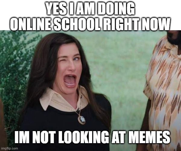 WandaVision Agnes wink | YES I AM DOING ONLINE SCHOOL RIGHT NOW; IM NOT LOOKING AT MEMES | image tagged in wandavision agnes wink | made w/ Imgflip meme maker