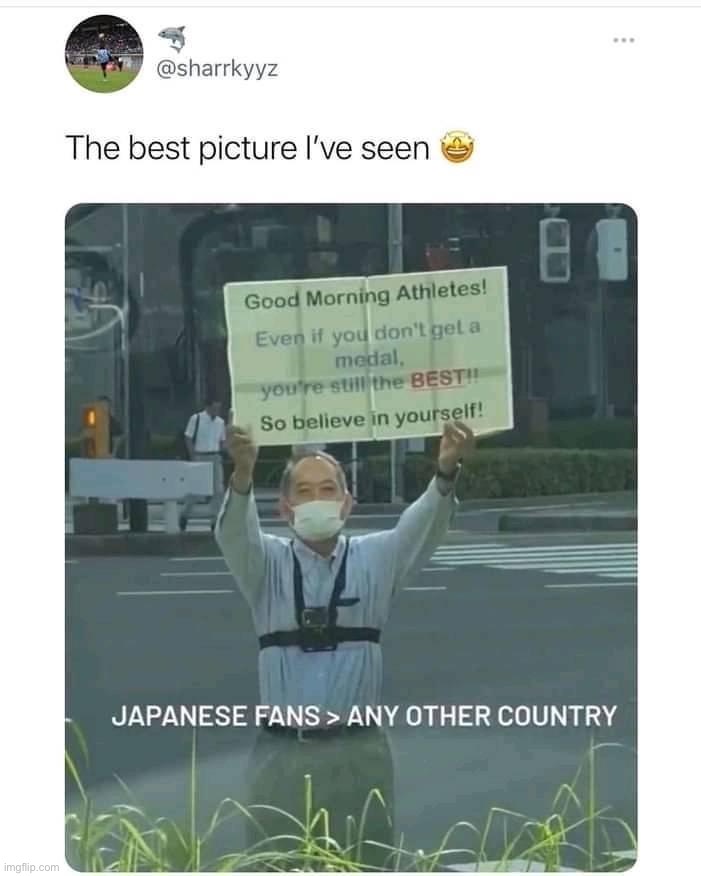 Best fans in the world. :) | image tagged in japanese olympic fan,meanwhile in japan,japan,olympics,wholesome,repost | made w/ Imgflip meme maker