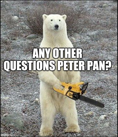 chainsaw polar bear | ANY OTHER QUESTIONS PETER PAN? | image tagged in chainsaw polar bear | made w/ Imgflip meme maker