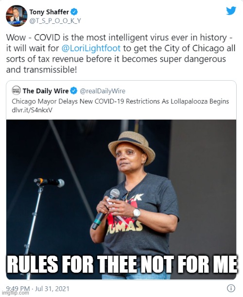 Rules for thee not for me | RULES FOR THEE NOT FOR ME | image tagged in lori lightfoot,chicago | made w/ Imgflip meme maker
