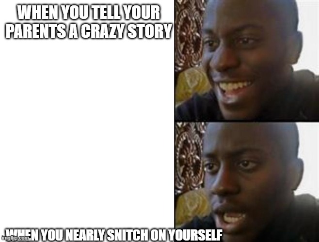 When you | WHEN YOU TELL YOUR PARENTS A CRAZY STORY; WHEN YOU NEARLY SNITCH ON YOURSELF | image tagged in happy to sad | made w/ Imgflip meme maker