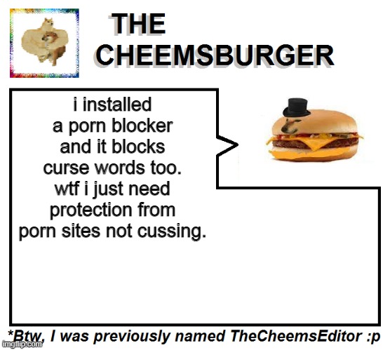 i installed a porn blocker and it blocks curse words too. wtf i just need protection from porn sites not cussing. | image tagged in thecheemseditor thecheemsburger temp 2 | made w/ Imgflip meme maker