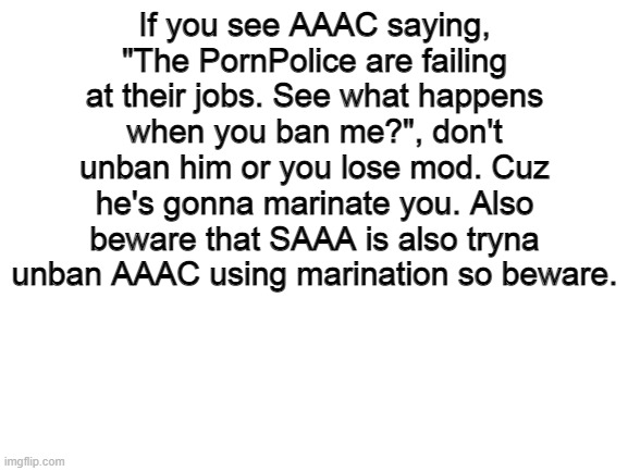 I don't trust that guy. I can't believe he wants us to unban him after he sent death threats. | If you see AAAC saying, "The PornPolice are failing at their jobs. See what happens when you ban me?", don't unban him or you lose mod. Cuz he's gonna marinate you. Also beware that SAAA is also tryna unban AAAC using marination so beware. | image tagged in blank white template | made w/ Imgflip meme maker