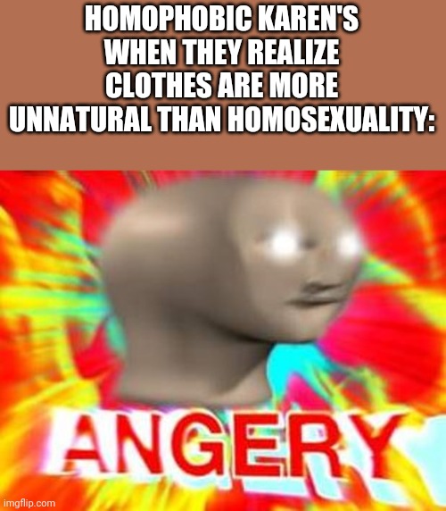 Surreal Angery | HOMOPHOBIC KAREN'S WHEN THEY REALIZE CLOTHES ARE MORE UNNATURAL THAN HOMOSEXUALITY: | image tagged in surreal angery | made w/ Imgflip meme maker