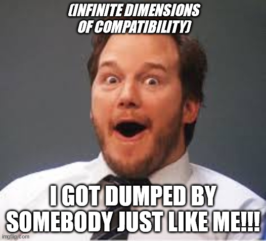 Got the idea from an E-Harmony Parody |  (INFINITE DIMENSIONS OF COMPATIBILITY); I GOT DUMPED BY SOMEBODY JUST LIKE ME!!! | image tagged in surprised andy | made w/ Imgflip meme maker