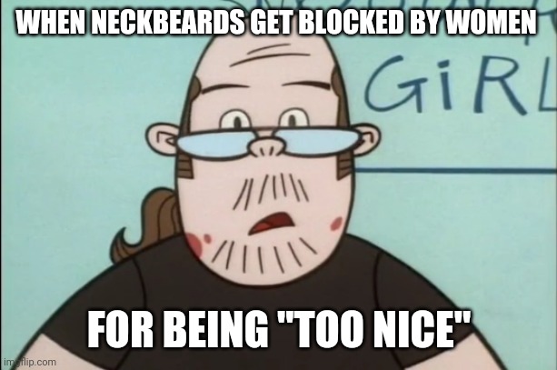 B-but I'm a nice guy? | WHEN NECKBEARDS GET BLOCKED BY WOMEN; FOR BEING "TOO NICE" | image tagged in lenny baxter,memes,neckbeard | made w/ Imgflip meme maker