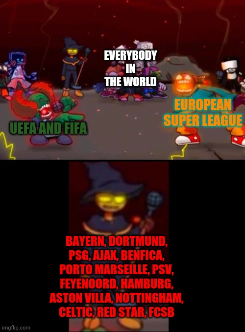 zardy's pure dissapointment | EVERYBODY IN THE WORLD; EUROPEAN SUPER LEAGUE; UEFA AND FIFA; BAYERN, DORTMUND, PSG, AJAX, BENFICA, PORTO MARSEILLE, PSV, FEYENOORD, HAMBURG, ASTON VILLA, NOTTINGHAM, CELTIC, RED STAR, FCSB | image tagged in zardy's pure dissapointment,tricky,whitty,uefa,european super league,memes | made w/ Imgflip meme maker