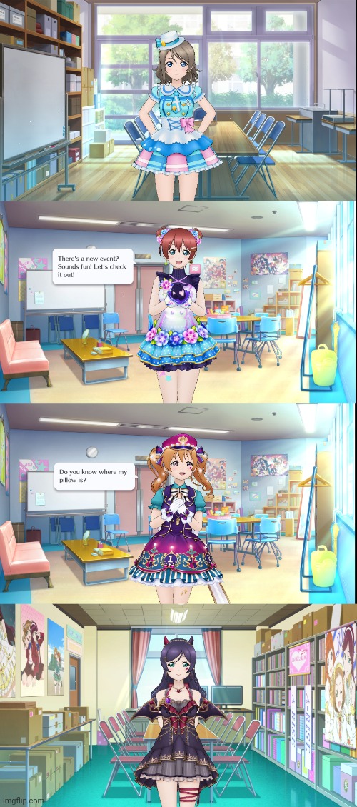 You, Kanata, Emma, and Nozomi and the costumes I unlock for them | image tagged in love live,anime | made w/ Imgflip meme maker