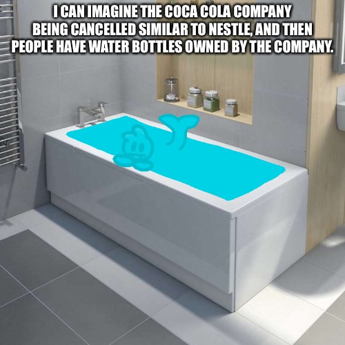 Are they going to throw the water bottles in the ocean or something- | I CAN IMAGINE THE COCA COLA COMPANY BEING CANCELLED SIMILAR TO NESTLE, AND THEN PEOPLE HAVE WATER BOTTLES OWNED BY THE COMPANY. | made w/ Imgflip meme maker