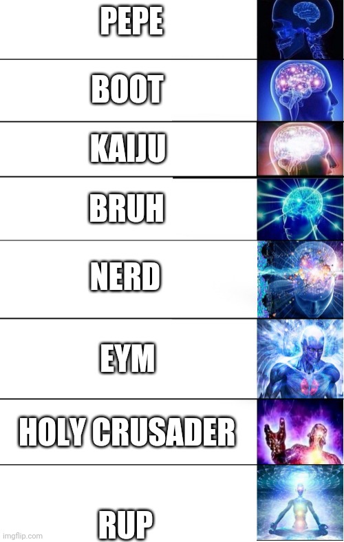 Vote RUP in the next election! | PEPE; BOOT; KAIJU; BRUH; NERD; EYM; HOLY CRUSADER; RUP | image tagged in expand brain 8 | made w/ Imgflip meme maker