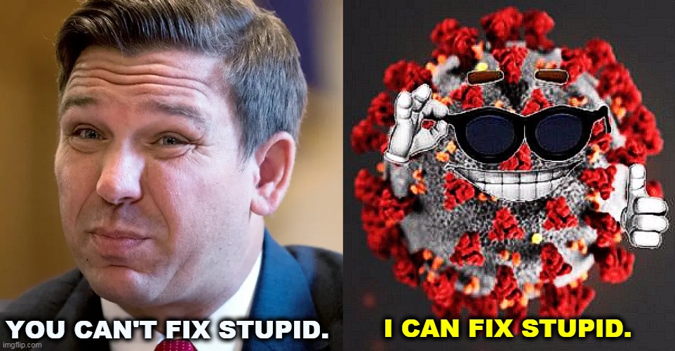 GOP = Home of the Stupid | I CAN FIX STUPID. YOU CAN'T FIX STUPID. | image tagged in covid virus smile,florida,governor,ambition,murderer | made w/ Imgflip meme maker