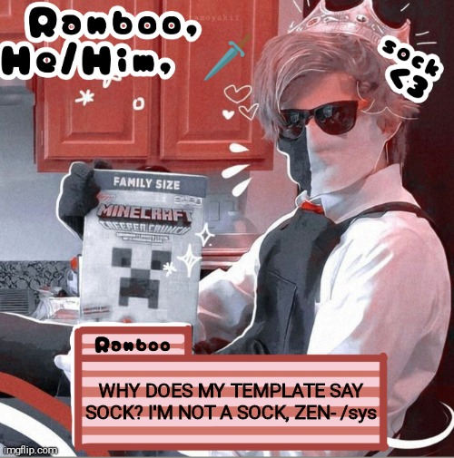 Ranboo | WHY DOES MY TEMPLATE SAY SOCK? I'M NOT A SOCK, ZEN- /sys | image tagged in ranboo | made w/ Imgflip meme maker