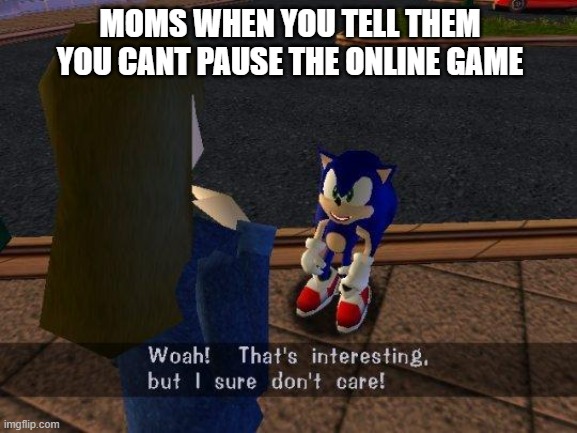 woah that's interesting but i sure dont care | MOMS WHEN YOU TELL THEM YOU CANT PAUSE THE ONLINE GAME | image tagged in woah that's interesting but i sure dont care | made w/ Imgflip meme maker